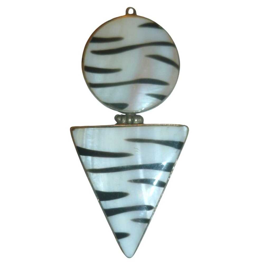 Vintage Sterling Silver Zebra Stripe Shell Geometric Dangle Pendant 2.5"